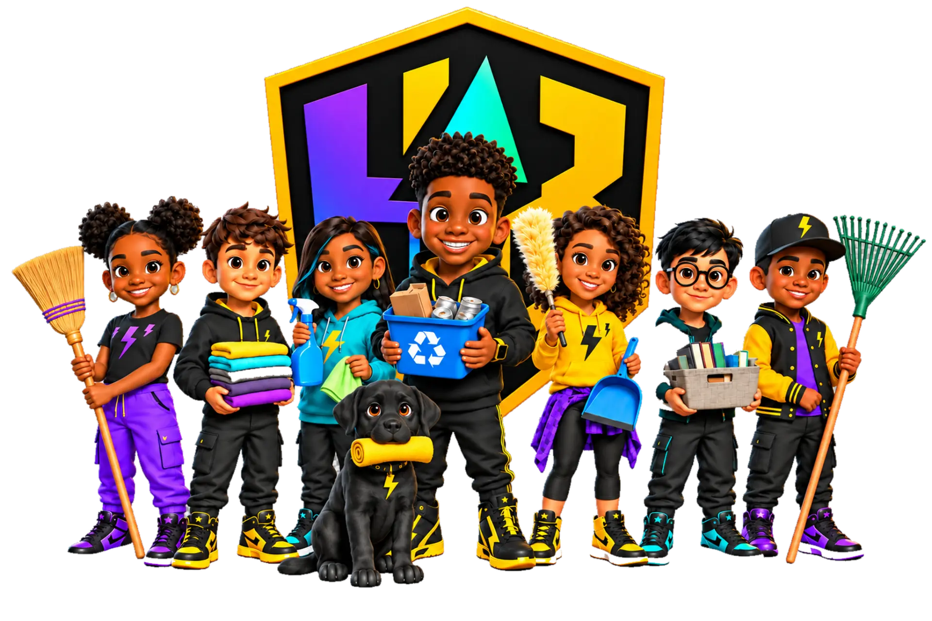 The HustleBoard crew, a diverse group of kids holding brooms, laundry, a recycling bin, and a rake in front of the HustleBoard shield.